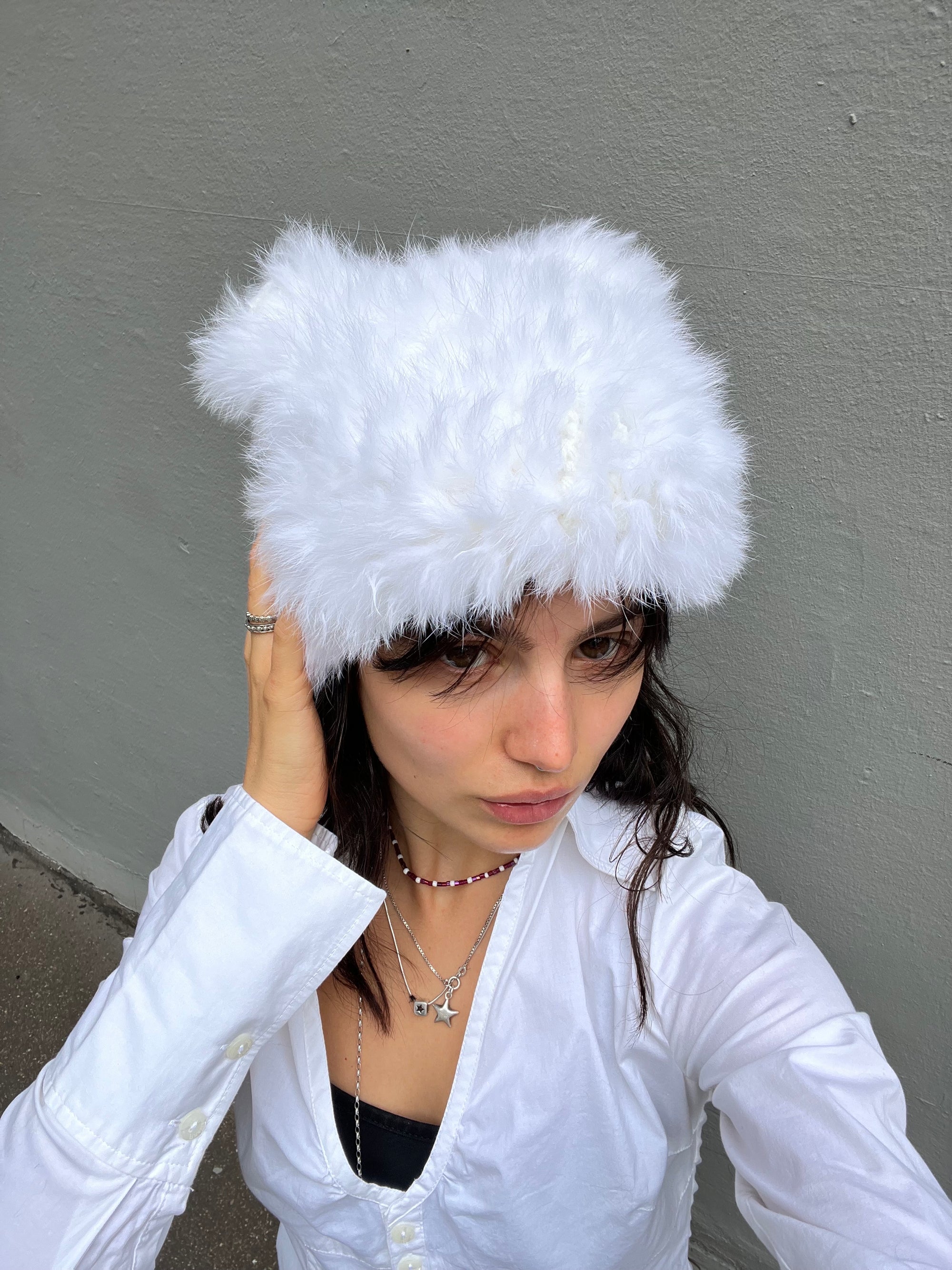 Vintage White Fur Beanie with Ears