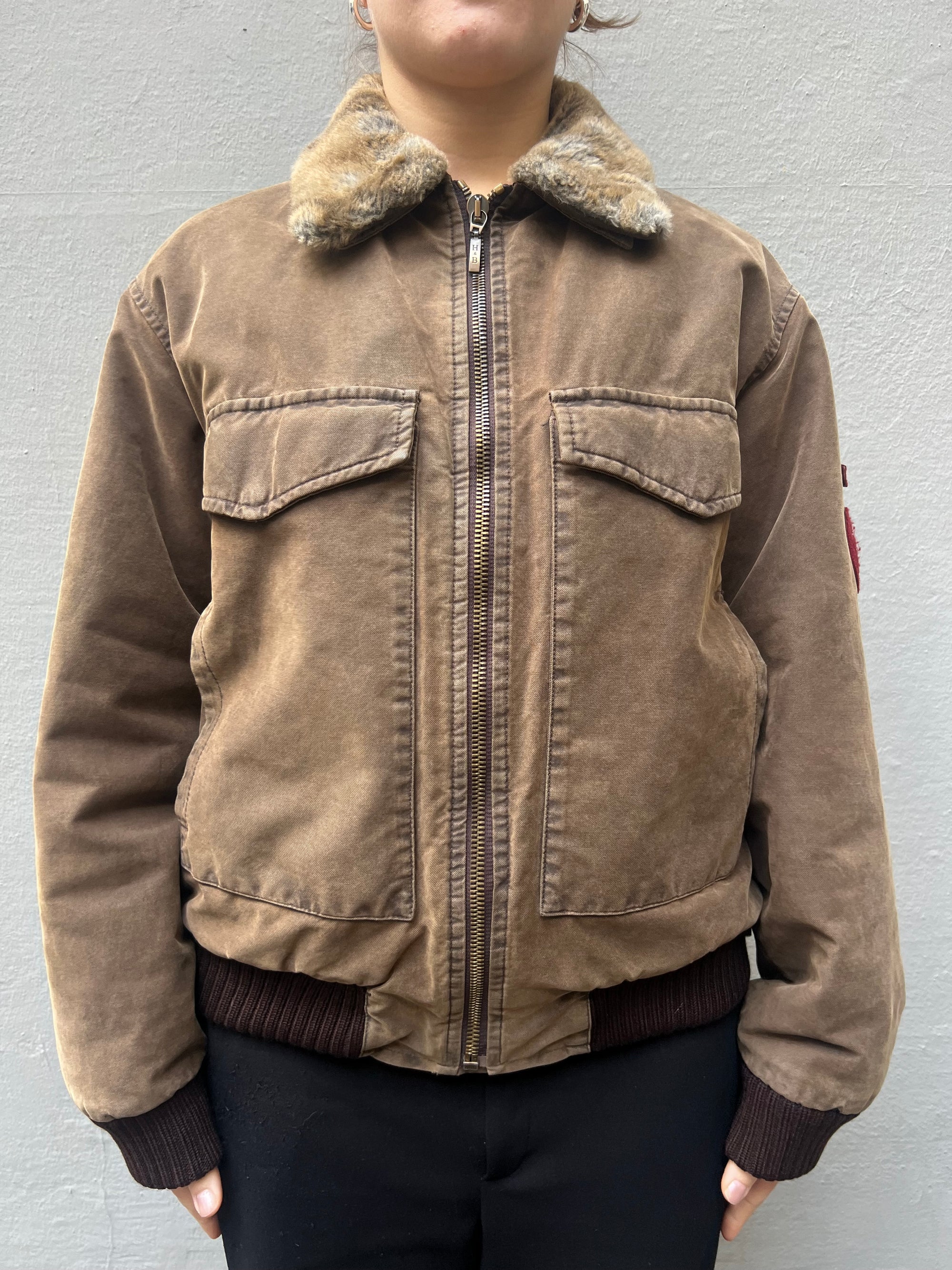 Vintage Canvas Bomber Jacket with Fur Collar M/L