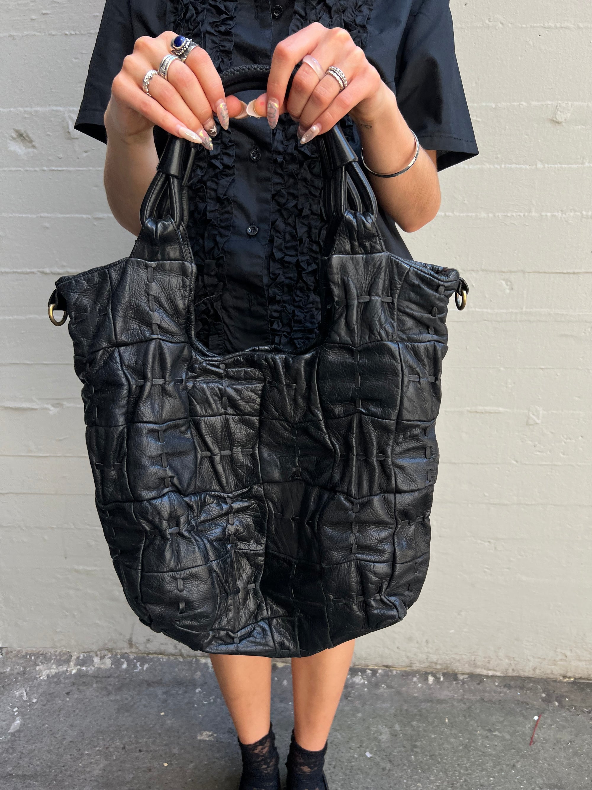 Vintage Pattern Black Leather Bag