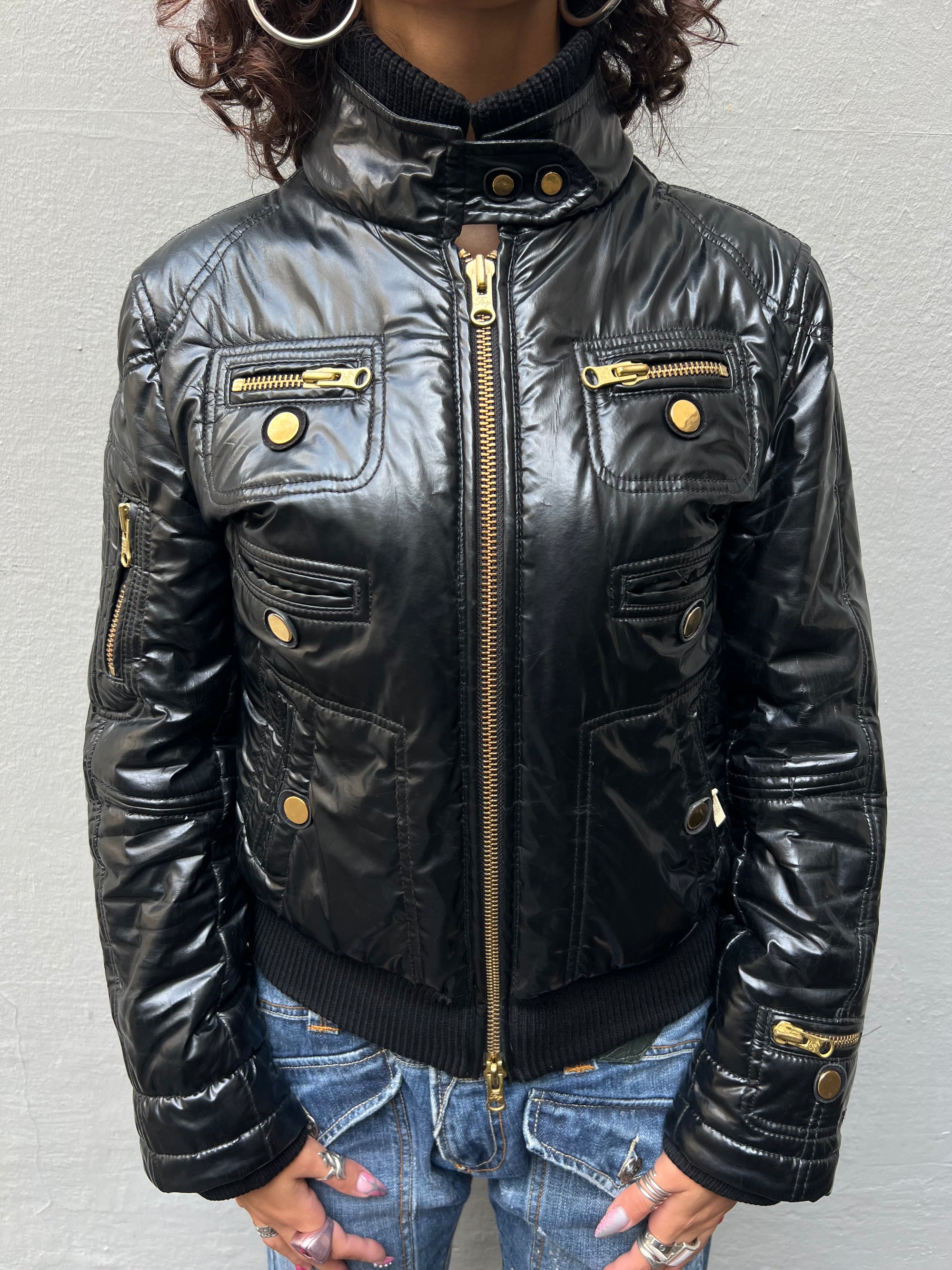 Vintage Y2K Black Puffer Jacket with Gold Deatils S