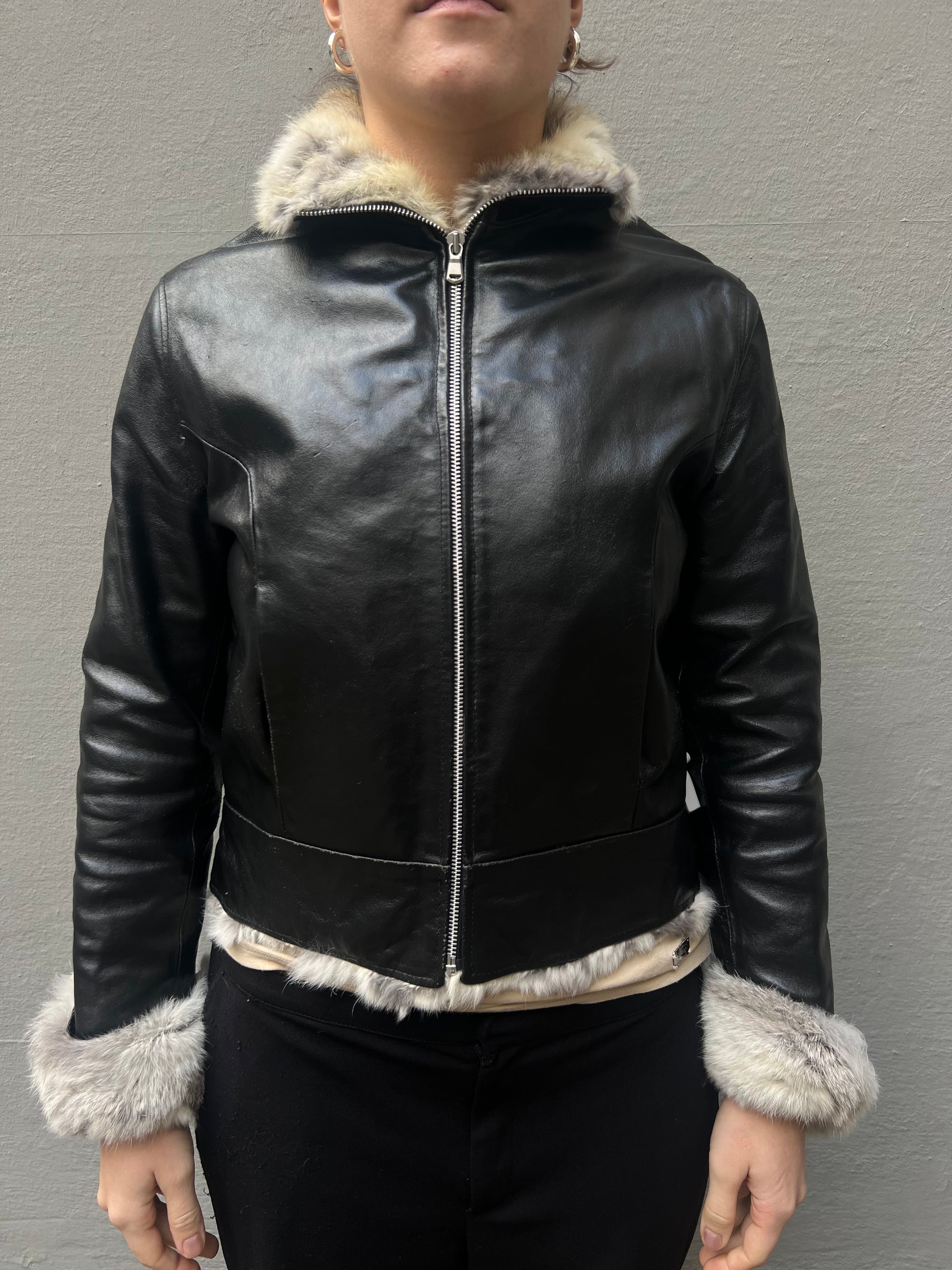 Vintage Leather Jacket with Fur Details S