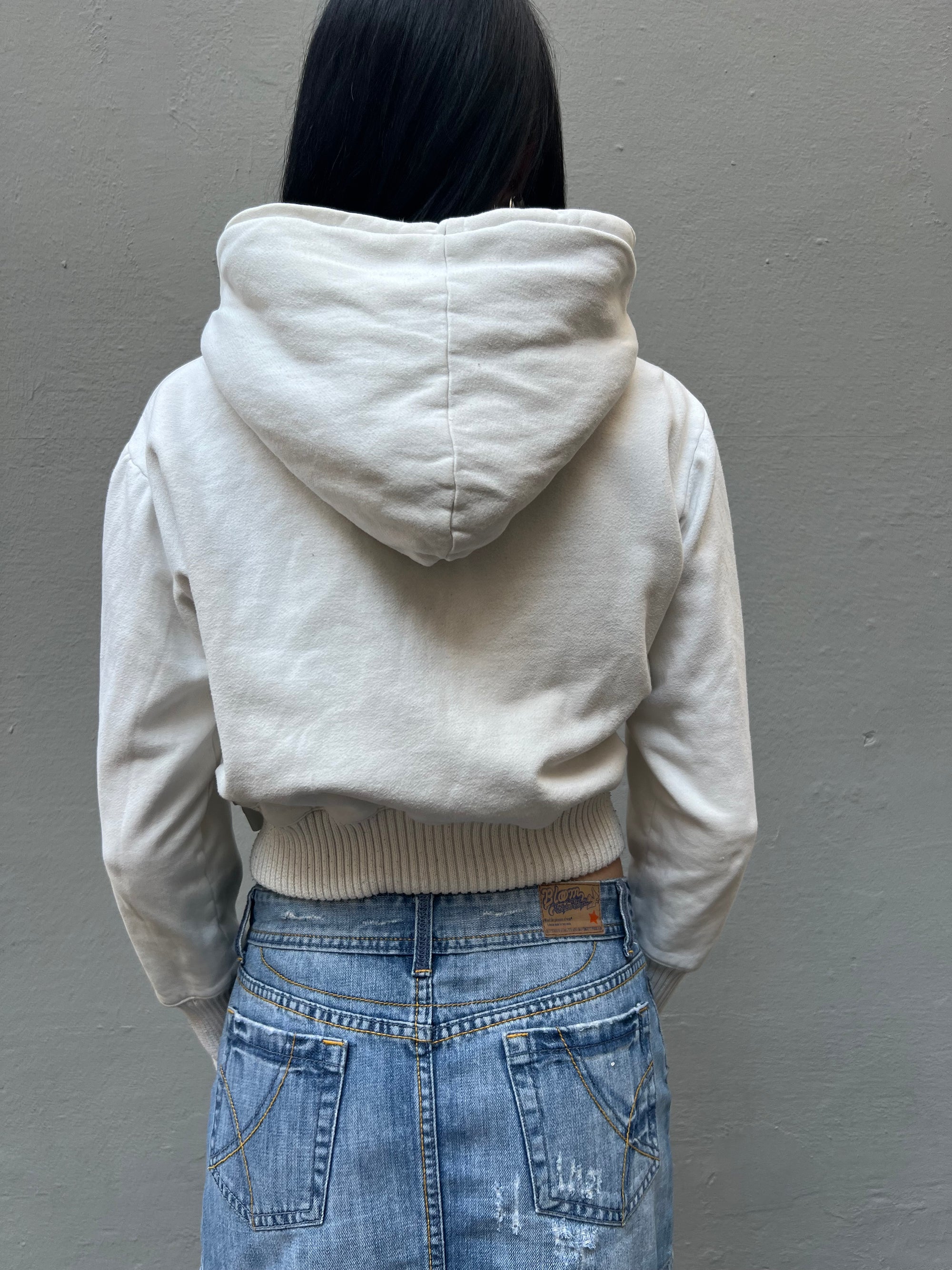 Vintage White Zip-up Hoodie with Fur Hood S