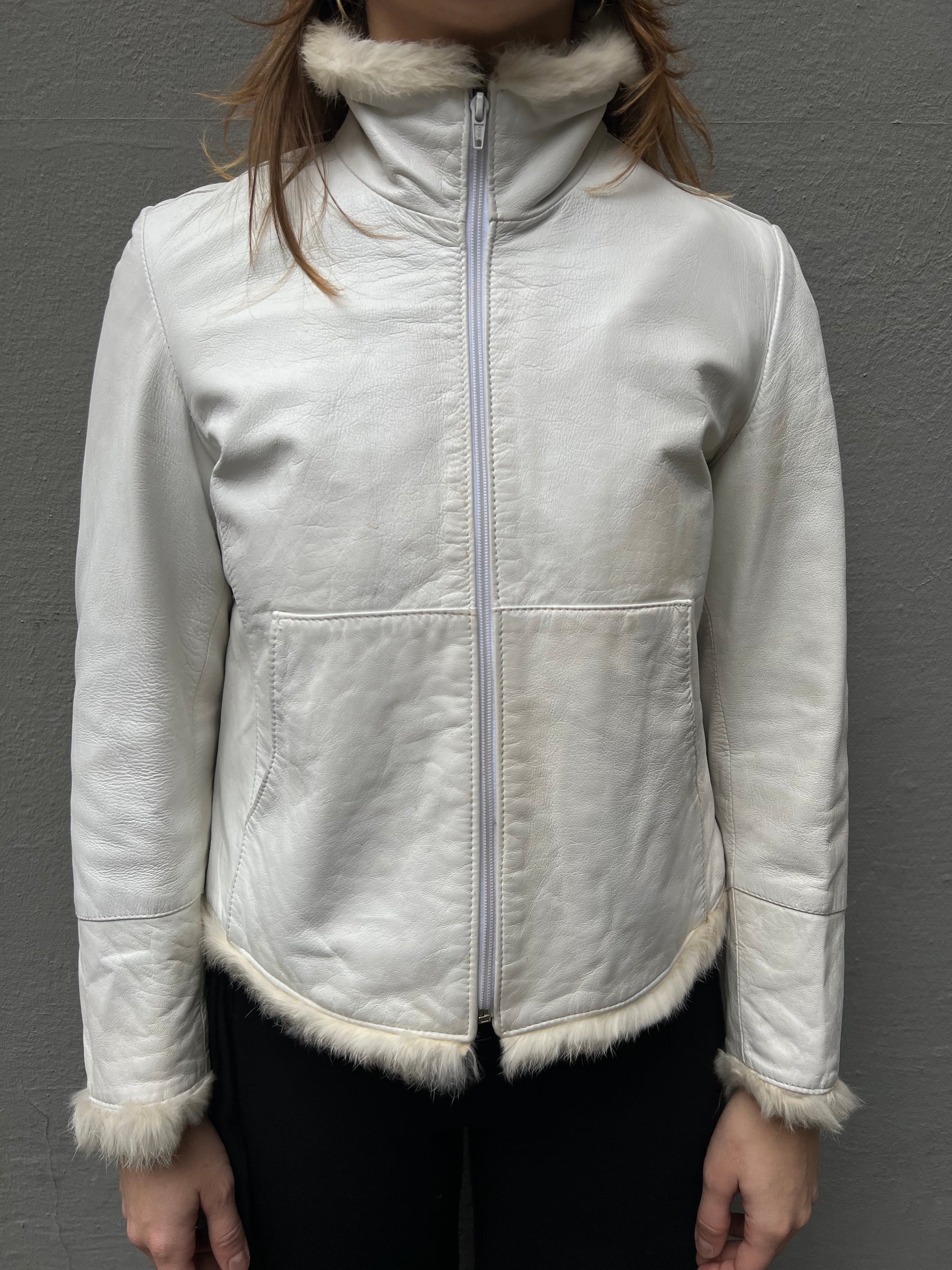 Vintage White Faux Fur Leather Jacket S/M