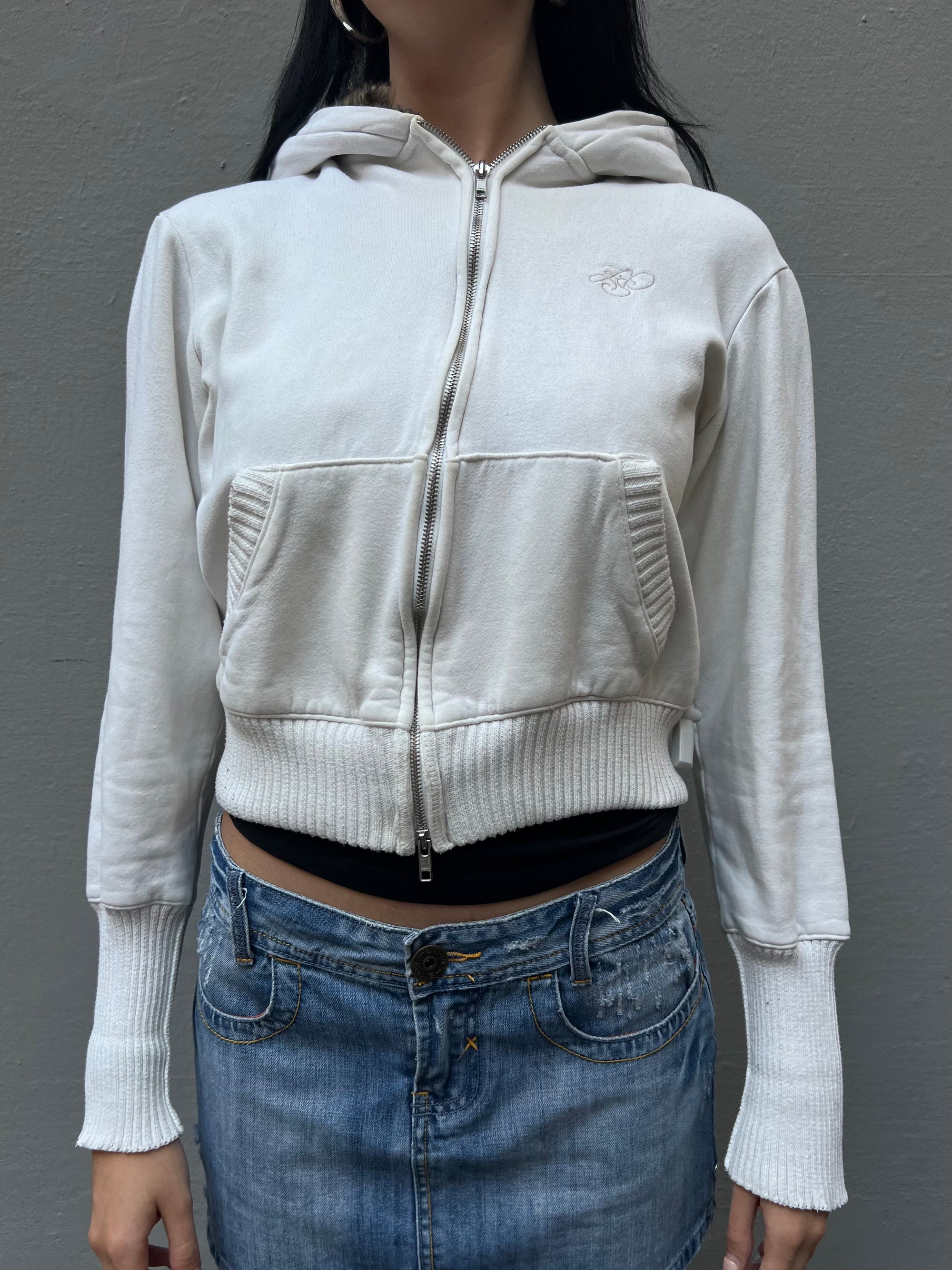 Vintage White Zip-up Hoodie with Fur Hood S