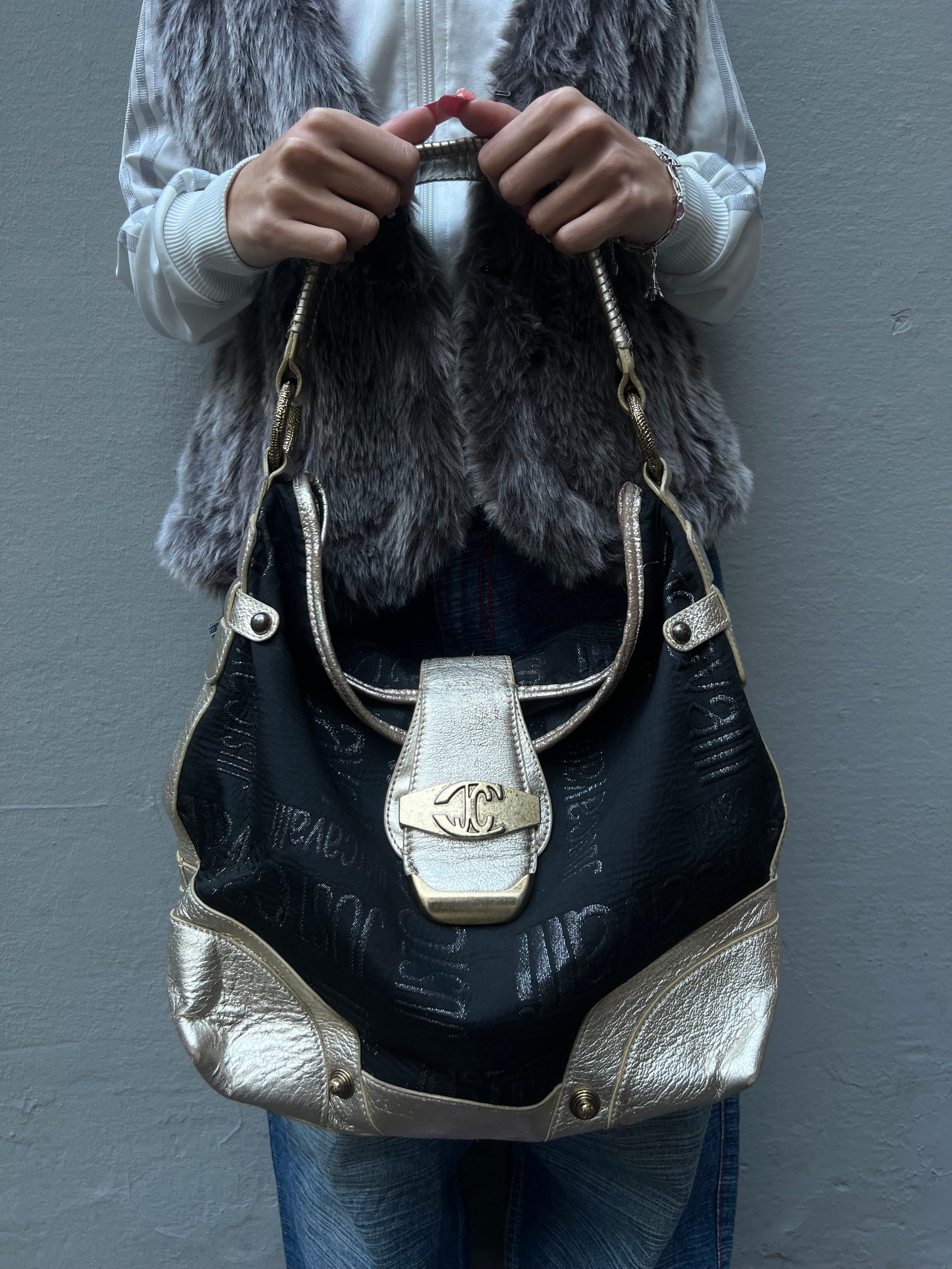 Vintage Just Cavalli Black and Gold Y2K Bag